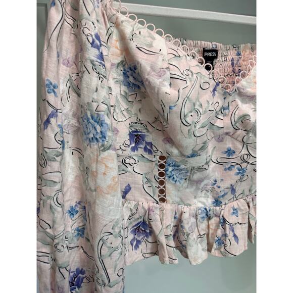 Express Women’s Pink Floral Boho Peasant Ruffle Long Sleeve Crop Top Medium M - Picture 7 of 16
